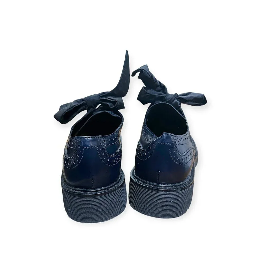 Prada Wingtip Oxford Ribbon Tie Shoes Navy Calf Leather 38.5 Early 2000s - Picture 7 of 11
